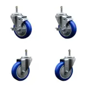 4 Inch Blue Poly Wheel Swivel 7/16 Inch Grip Ring Stem Caster Set 2 Brakes