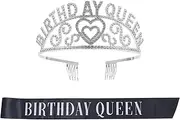 Shiny Alloy Glitter Crown Headband Birthday Sash Set Tiara and Sash Kit for Girl's