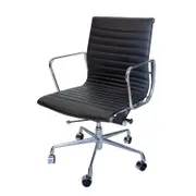 SK Designer Living | Replica Eames Mid Back Ribbed Leather Management Desk / Office Chair | Black