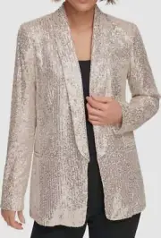 DKNY Women's Ivory Silver Sequin Open-Front Shawl-Collar Blazer Size 14