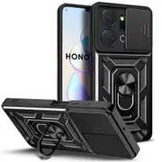 case For Honor X7A 5G Slide Camera Lens Protection and Built in 360 Rotatable Ring Holder - Black