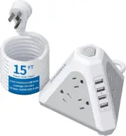 NVEESHOX Power Strip Surge Protector Tower, 3-Side Triangle White Gray+15 FT