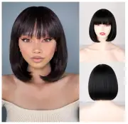 Black Bob Wig with Bangs, Synthetic Short Straight Bob Wig, 10 Inch
