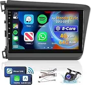 [8 CORE 4G+64G] for Honda Civic 2012-2015 Car Stereo with Wireless Carplay/Android Auto, 9 Inch Android 13 IPS Touch Screen Car Radio, Bluetooth, GPS Navi, WiFi, SWC, DSP + Backup Camera