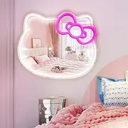 MCJSGSP Anime Hello Kit Mirror with Light Neon Signs for Wall Decor, Neon Mirror with Dimmable for Teen Girl Gift，Makeup Mirror neon Sign Room Decor