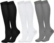 [AZIDWERYQ] Knee High Socks for Women 3 Pair White, Black & Grey Non-Slip Elastic Knee Socks Breathable Absorbent Long Nylon 360° Compression for Daily, Sports High for Women