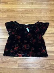 Ann Taylor LOFT Floral Velvet Blouse Flutter Sleeve Shirt Women's Size Large NWT