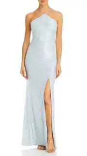 Aqua Cross Neck Sequin Gown Light Blue Size 8