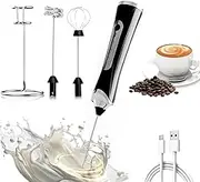 Milk Frother Handheld Electric Whisk Coffee Frother Mixer,with 2 Stainless whisks 3 Speeds Adjustable White Drink Mixer for Coffee, Hot Chocolate, Matcha, Egg (Black)