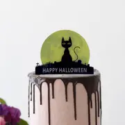 Acrylic Black & Yellow Happy Halloween Cat & Full Moon Cake Topper