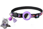 Pet Collar with Airtag Holder Geometric Pattern Cat Collar with Bell and Tassel-Purple