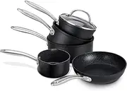 [Prestige] Saucepan Set Non Stick - 5 Piece Induction Hob Pan Set Black with 16cm, 18cm & 20cm Saucepans with Lids, 29cm Non Stick Frying Pan & Milkpan