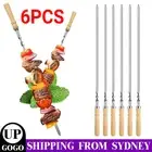 6pcs Flat Kebab Skewers Stainless Steel BBQ Meat Stick Barbecue Wooden Handle AU