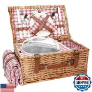 Wicker Picnic Basket Set for 2 Persons with Waterproof Picnic Blanket and Lar