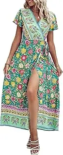 [PRETTYGARDEN] Women Boho Summer Side Split Deep V Neck Short Sleeves Maxi Dress with Belt