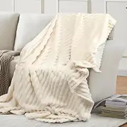AUTOWT Double Sided Fleece Throw Blanket for Couch, 200 x 180 cm Soft Fluffy Decorative Blanket Rough Striped Warm Cozy Plush Faux Rabbit Fur Blanket for Family Sofa Bed Living Room Bedroom (White)
