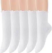 [MKYSZLT] Ruffle Ankle Socks for Women,Cute Cotton Knit Crew Socks White Frilly Socks Soft Knit Lettuce Trim Low Cut Socks