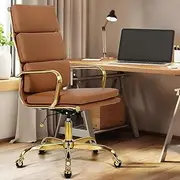 Furb Eames Office Chair with Adjustable Tilt Function, Lumbar Support Office Desk Chair, Adjustable Height Swivel Chair with Gold Armrests and Legs for Home （Tan）