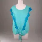 ANA Shirt Top XL Turquoise Tie Dye Ruffle Tie Front Keyhole Hippie Blouse NWT