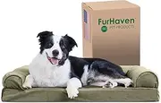 Furhaven Pet Dog Bed | Cooling Gel Memory Foam Orthopedic Faux Fur & Velvet Sofa-Style Couch Pet Bed for Dogs & Cats, Dark Sage, Large