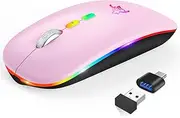 HOTLIFE LED Wireless Mouse, Slim Rechargeable Wireless Bluetooth Mouse, 2.4G Portable USB Optical Wireless Computer Mice with USB Receiver and Type C Adapter (Pink)