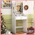 Small Makeup Vanity Desk with Mirror and LED Lights,White Dressing Table Drawer
