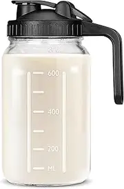 32OZ Mason Jars with Lid, Glass Pitcher Double Leak Proof with Pour Spout Handle, Wide Mouth Breast Milk Pitcher for Fridge, Creamer Container for Coffee Tea Juice (Black)