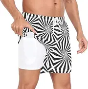 [GuoChe] Men Swim Shorts Men Lined Workout Shorts Line Black and White Phone Pocket Sport Shorts Quick Dry