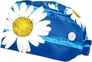 [WOSHJIUK] Working Hat 2 Pack Scrub Caps for Women,Blue sea Stripe White Daisies,Tie Back Cap Adjustable Scrub Hat
