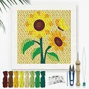 DOODLREAM Sunflower Embroidery Set for DIY with Punch Needle for Adults and Beginners 24 cm Sunflowers Punching and Sewing Kit for Beginners with Frame Fabric Pattern Threader Yarn Squeeze Needle