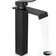 Brass Vessel Sink Faucet Black Waterfall Bathroom Faucet 1 Hole, Tall Bathroo...