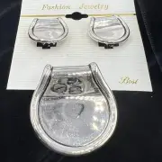 Vintage Pierced Earrings & Pendant Chunky Thumb Print Style Silver Plated BEST