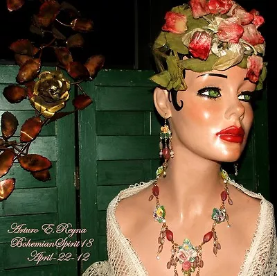 Artisan Victorian Style Vintage China Flowers Czech Beads Pearls Necklace Set