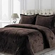 Tribeca Living Venice Velvet Oversized Duvet Set, Luxurious 3-Piece King Bedding, Super Soft Velvet with Hidden Button Closure, Chocolate