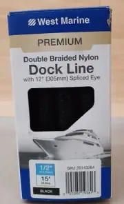 West Marine 1/2" Premium 15' Double Braid Nylon Dock Line w/ 12" Spliced Eye BLK