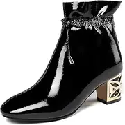 [JIEEME] Patent Leather Fashion Square Toe Block Heel Zipper Mid Heel with 5 cm Ankle Causal Boots for Women Big Size T6-512