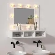 Modern Wall Mount Mirror Cabinet with LED, Wood White, 60x31.5x62 cm, for Bathroom Vanity Sink Area