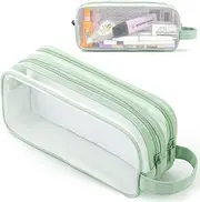 [MAMUNU] Grid Mesh Pen Pencil Case with Zipper, 2 Compartment Clear Pencil Case Pouch, Multi-Purpose Transparent Stationery Bag for Students College Office, Clear Makeup Cosmetics Bag for Adults (Green)