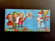 VTG Unused Xmas Greeting Card Children Singing Carols With Handsome Snowman