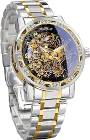 Winner Retro Manual Mechanical Skeleton Watch with Diamond and Carving Flower Craft Men Skeleton Wrist Watch Mechanical Classic Roman Number