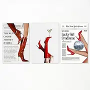 sdgobvco Set of 3 Vintage Newspaper Canvas Wall Art, Trendy Red Boots Color Theory Poster, Funky Lucky Girl Syndrome Disco Ball Art Print, Chic Bottoms Up Boot Martini Bar Cart Art 12x16in Unframed