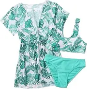[COOLOYA] Girl's 3 Piece Bikini Set Tropical Print Bathing Suit Swimwear with Overall Kimono Cover Ups