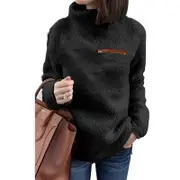 Nevenka Womens Turtleneck Sweatshirt Winter Faux Fuzzy Sherpa Pullover-Black