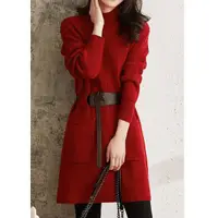在飛比找蝦皮購物優惠-伊蕾洋裝 連身洋裝冬天 法國專櫃外貿秋冬新款小香風毛衣裙紅色