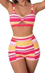 [B2prity] High Waisted Swimsuit for Women Cute Two Piece Bathing Suit Cutout Bikini Set Tummy Control Swimwear with Boyshorts
