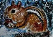 ORIGINAL ACEO CHIPMUNK Painting Winter Snow Animal Pine Tree Squirrel Nature ART