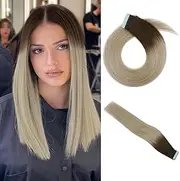 PHOCAS Tape in Hair Extensions Human Hair, D.Brown to Ash Blonde, 51cm/20" 50g 20pcs, Human Hair Extensions Tape in Remy Straight Hair Extensions Skin Weft Double Sided Tape