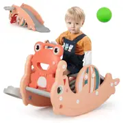 Costway 3-in-1 Rocking Horse Convertible Slide Set Indoor Play Center w/Basketball Hoop Boys & Girls Gift Pink