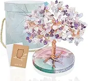 ZenBless 7 Chakra Healing Crystals Stones Tree, Amethyst, Pink Crystal, Aquamarine Leaf Wire Wrapped on Natural Agate Slice Base, Home Office Desk Living Room Feng Shui Decoration for Luck