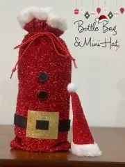 Wine Bottle Gift Bags Gold Black Red White Santa Suit glitter Cover hat Soft Bag
